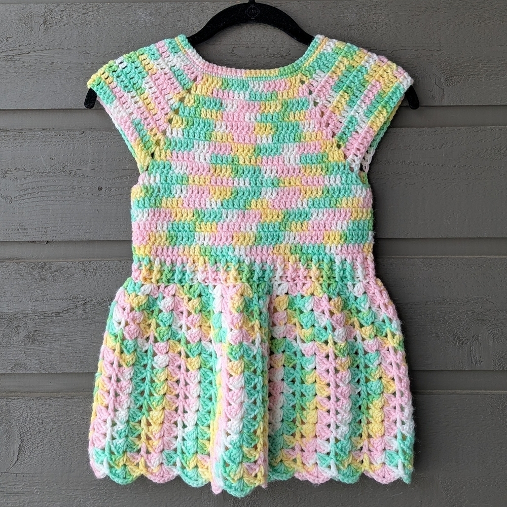 Handmade Colorful Crochet Kids Dress Pink Yellow Green White - Picture 4 of 6